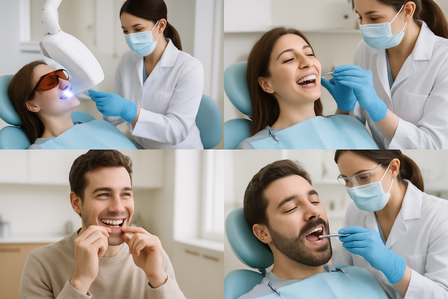 Divers soins dentaires esthétiques en action : blanchiment dentaire au laser, pose de facettes dentaires, utilisation d'aligneurs transparents pour orthodontie invisible, et implantation dentaire.