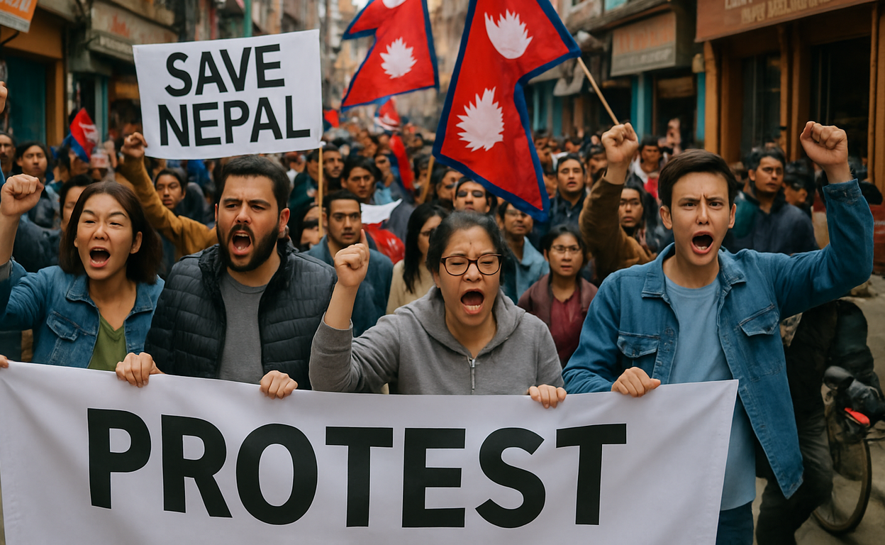 A vibrant street scene in Kathmandu with diverse groups of protesters holding banners and flags, showcasing the energy and determination of Nepalese citizens during manifestations.