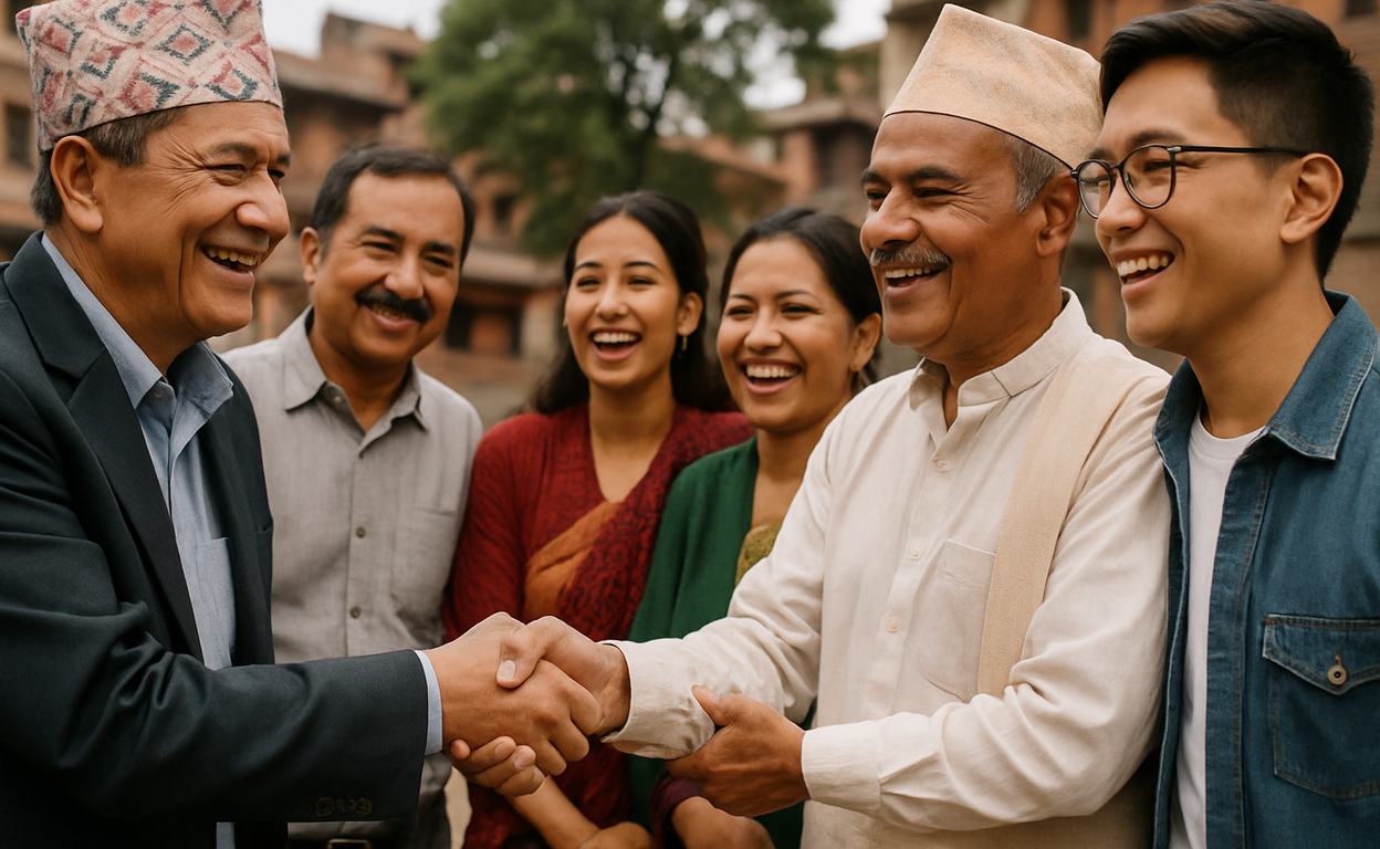 A hopeful scene depicting Nepalese people from various communities engaging in peaceful dialogue and cooperation, symbolizing unity, democracy, and an inclusive future for Nepal.