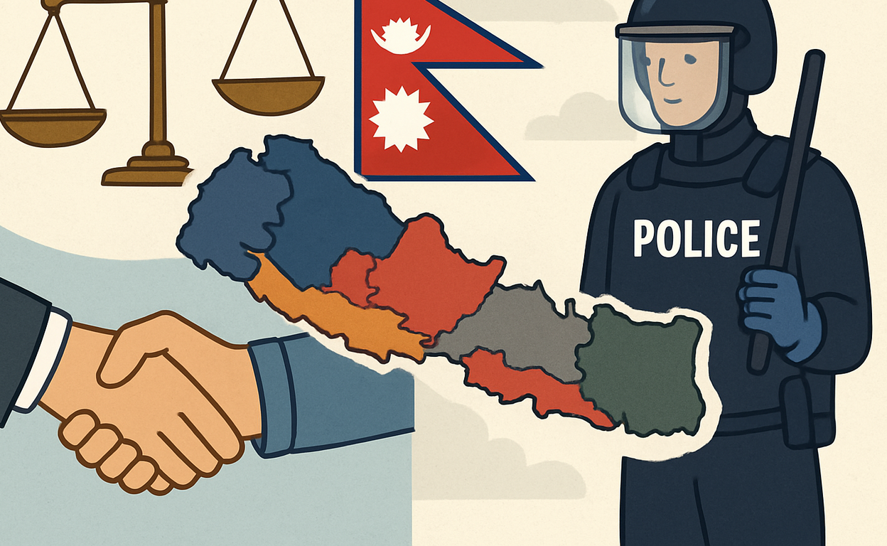 Illustration symbolizing the political and social challenges in Nepal: a broken scale representing justice, a fragmented map highlighting ethnic diversity, and imagery of dialogue versus repression (e.g., handshake contrasted with police presence).